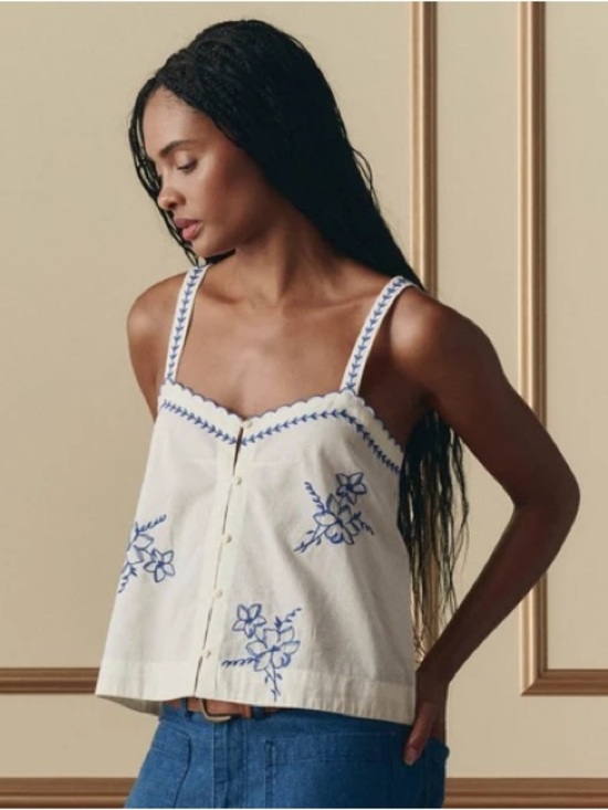 THE GREAT. Tops - THE GREAT The Weekend Ivory Tank with Blue Floral Embroidery Size S